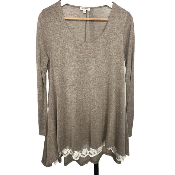 Umgee Top Tunic Long Sleeve Lace Hem Scoop Neck Stretch Brown Small Cottage Boho - Picture 1 of 6